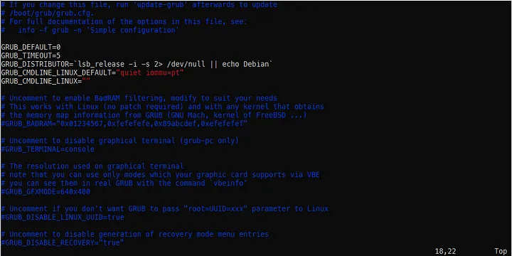 Image of /etc/default/grub file